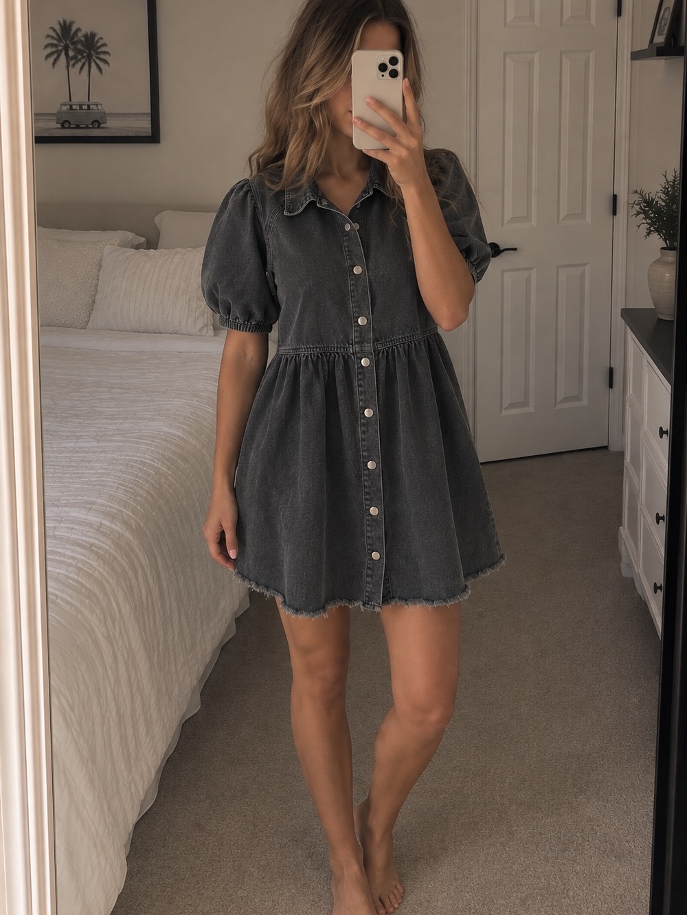 Washed Black Denim Button-Front Puff Sleeve Dress medium fall mini